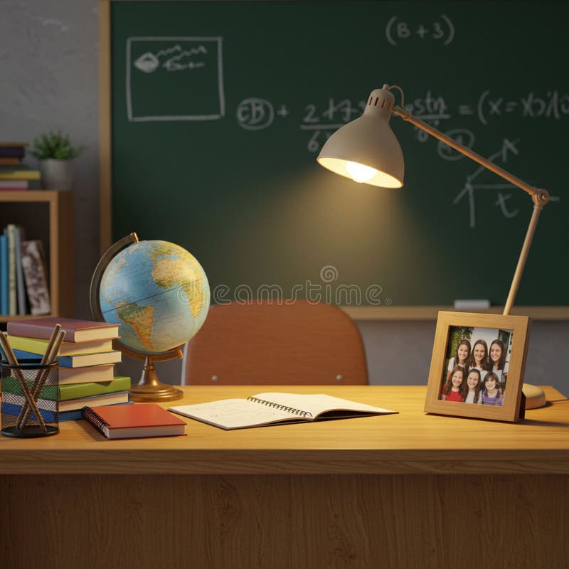 A classroom desk holds a globe, stacked books, an open notebook, and a pencil vector illustration