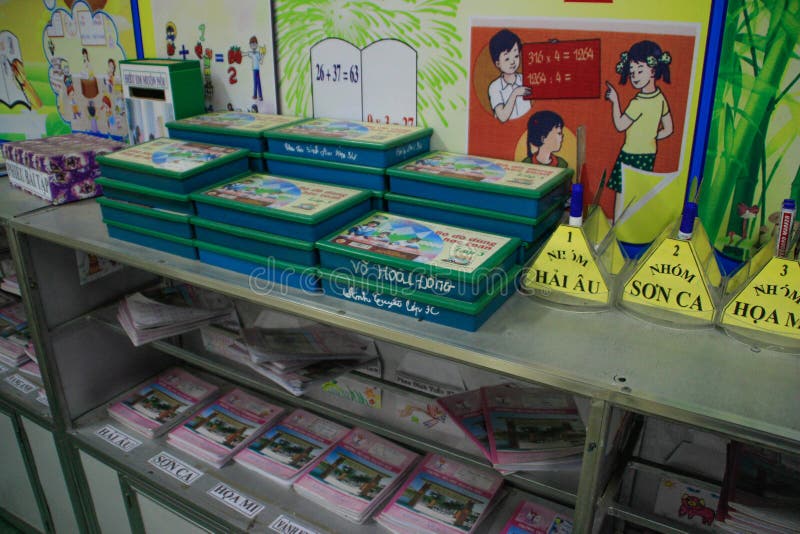 Classroom in an elementary school class in Hanoi. Inscriptions on notebooks and textbooks with student names royalty free stock photography Classroom in an elementary school class in Hanoi. Inscriptions on notebooks and textbooks with student names royalty free stock photography