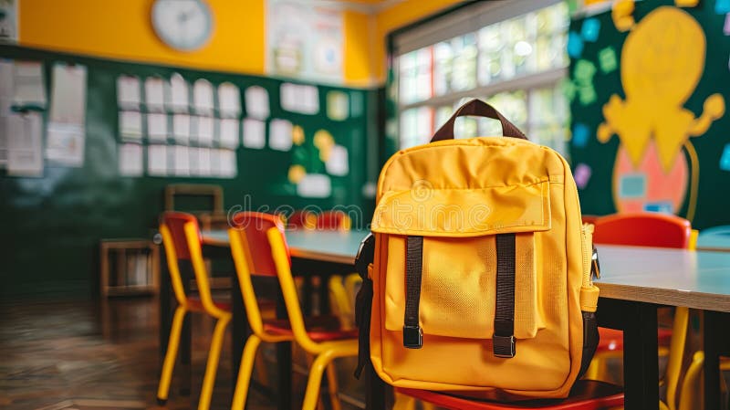 Classroom scene featuring a school bag with empty space for text or graphics, suitable for educational materials AI Image royalty free illustration