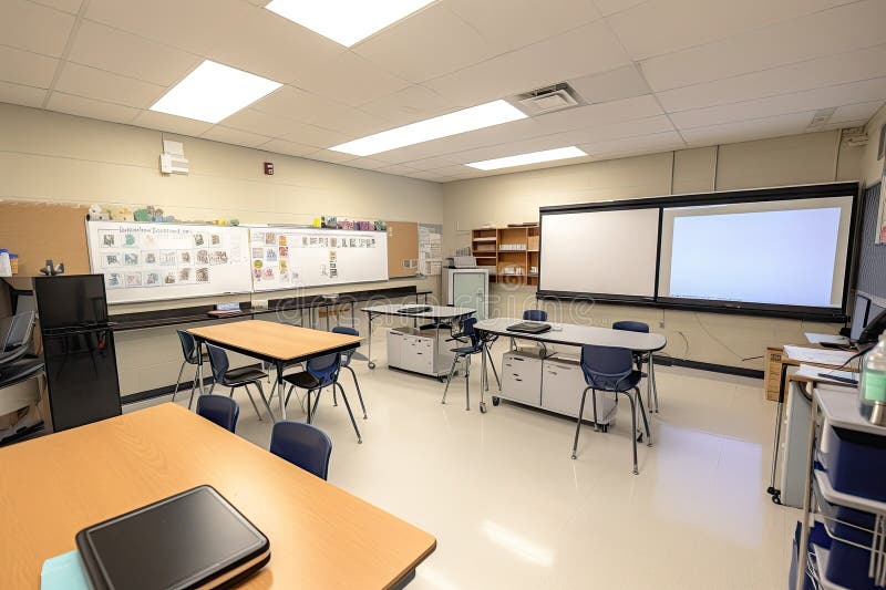 Classroom with smart board, projector, and computer for digital learning stock illustration