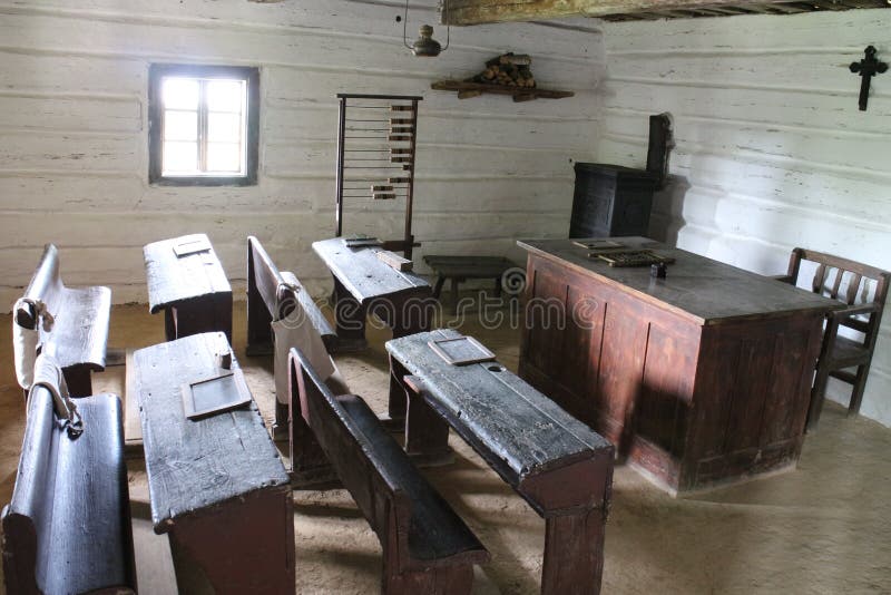 Classroom with teacher´s desk in open-air folk museum in Uzhhorod