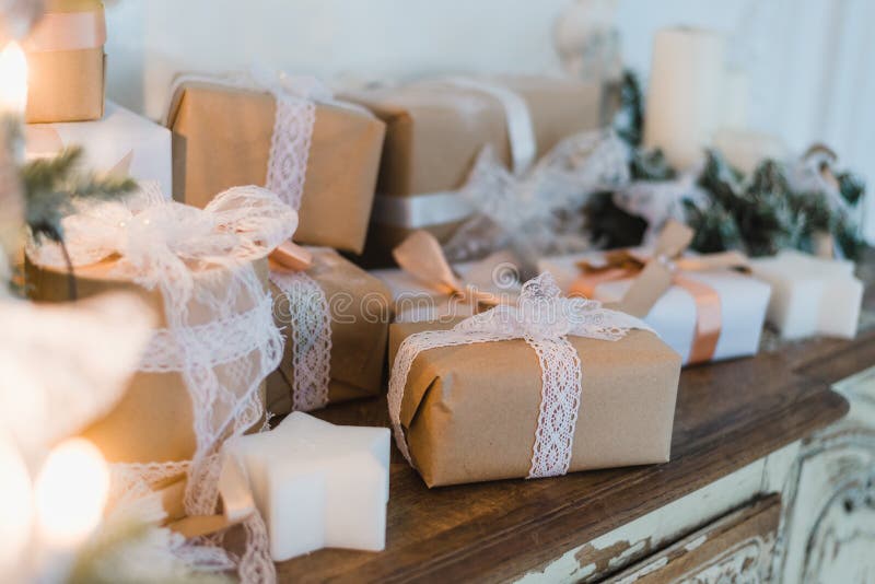 Classy Christmas Hand Made Gifts Box Presents With Brown Bows ...