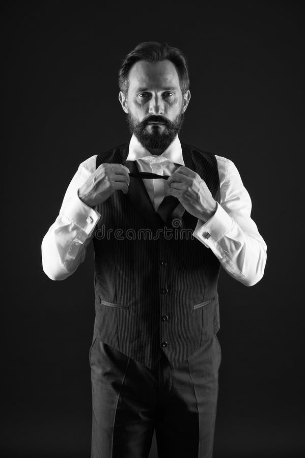 Classy style. Man bearded hipster wear classic suit outfit. Formal