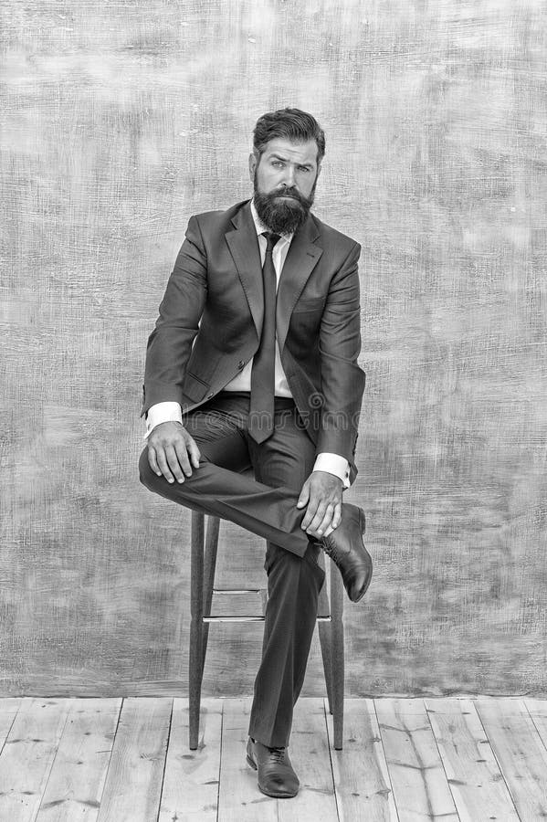 Classy style. Man bearded hipster wear classic suit outfit. Formal