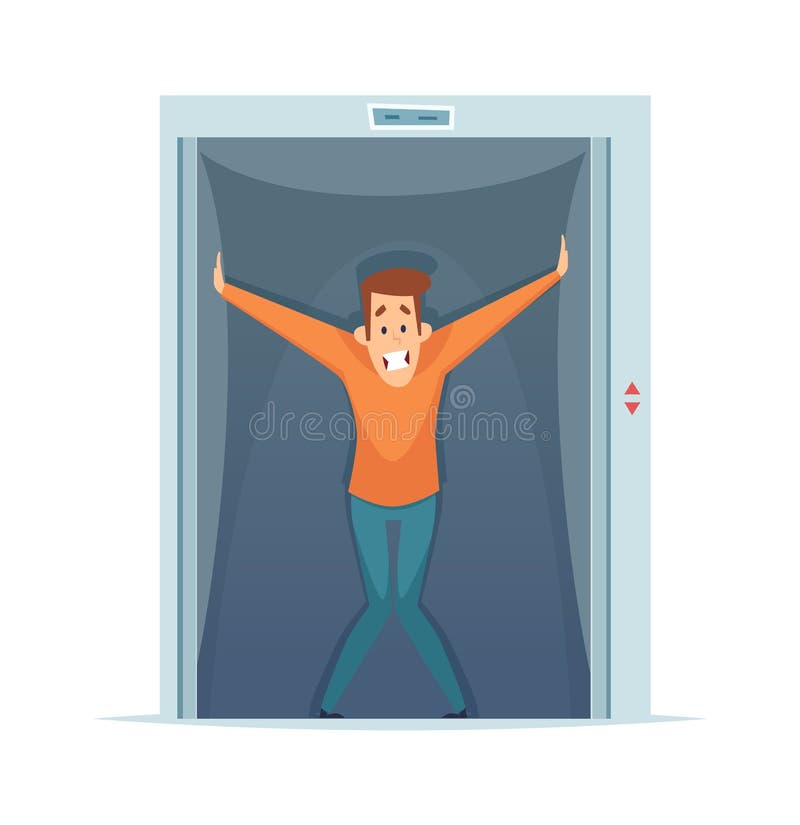 Claustrophobia. Frightened man in elevator, fear of confined space. Mental phobia vector illustration