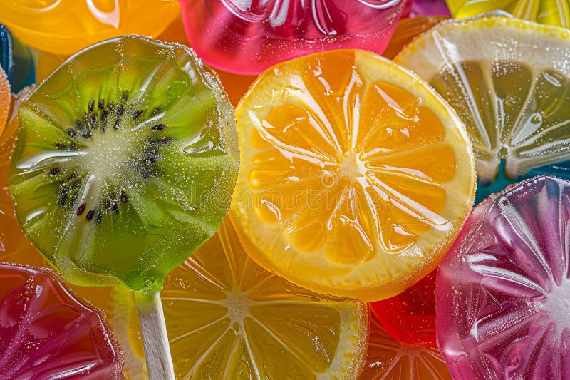 Clausura de caramelos duros con limón kiwi y otros sabores de frutas. ai generativo fotografía de archivo libre de regalías