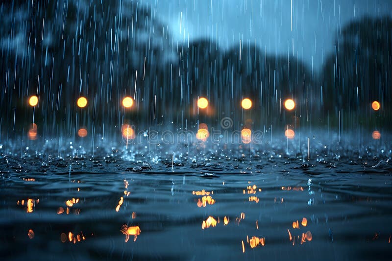 Clausura de gotas de lluvia que caen en charco por la noche con fondo de luz bokeh naturaleza tranquilidad del clima tema general stock de ilustración