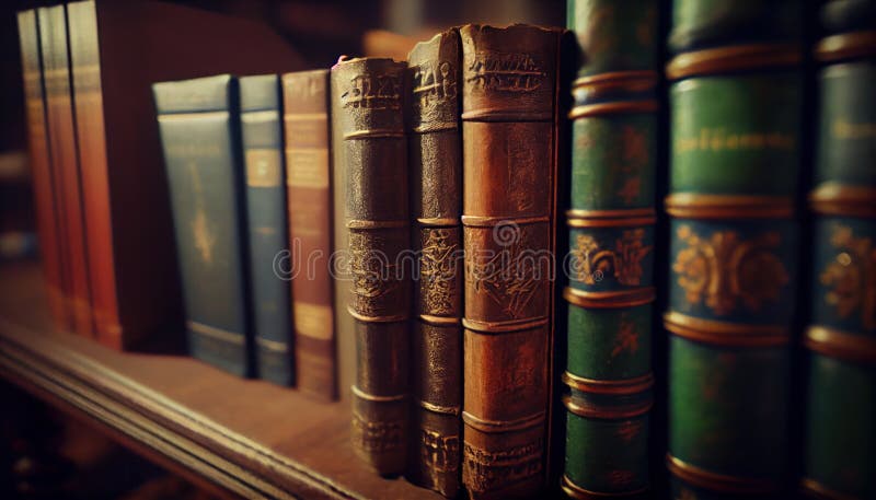 Clausura de libros antiguos. el título del libro está impreso en la columna vertebral. fondo de estantería en mosaico ilustración del vector