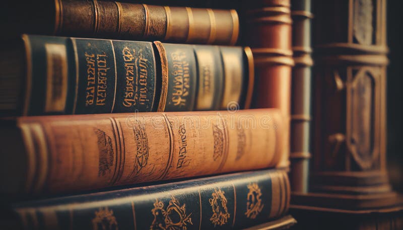 Clausura de libros antiguos. el título del libro está impreso en la columna vertebral. fondo de estantería en mosaico stock de ilustración