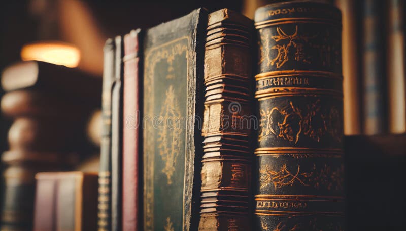 Clausura de libros antiguos. el título del libro está impreso en la columna vertebral. fondo de estantería en mosaico ilustración del vector