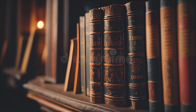 Clausura de libros antiguos. el título del libro está impreso en la columna vertebral. fondo de estantería en mosaico ilustración del vector