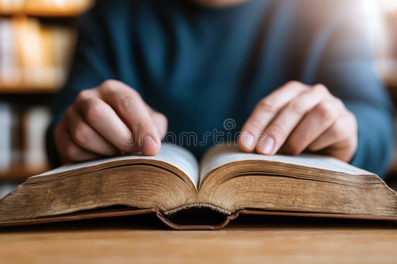 Clausura de una persona leyendo un libro en una acogedora biblioteca stock de ilustración