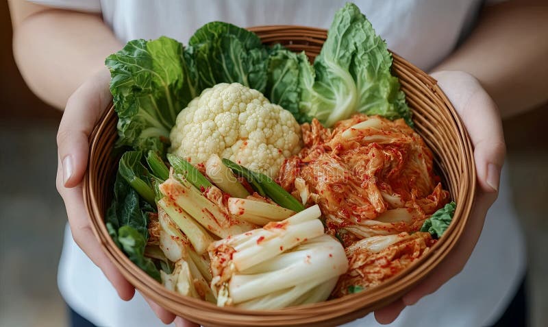 Clausura de una persona sosteniendo un tazón de coliflor y lechuga kimchi ilustración del vector