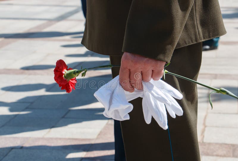 Claveles Rojos Y Guantes Blancos En Manos De Un Hombre Con Uniforme Militar  Foto de archivo - Imagen de fondo, victoria: 174524968