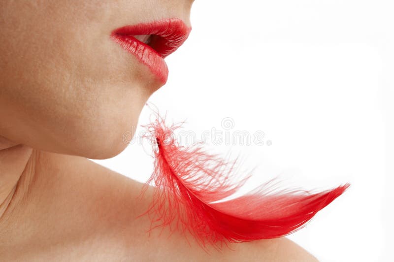 Female lips blowing to red feather lying on her shoulder. Isolated on white background. Female lips blowing to red feather lying on her shoulder. Isolated on white background.