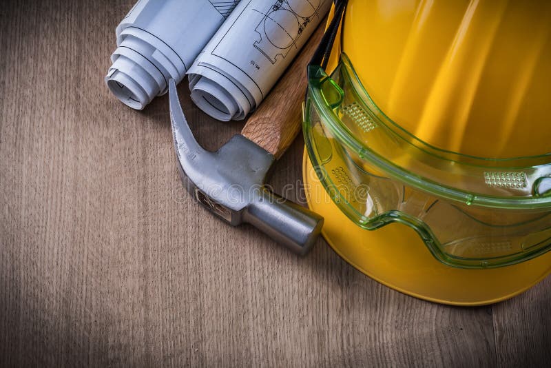 Claw Hammer Safety Goggles Construction Drawings and Hard Hat Stock