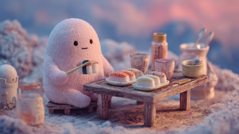 Clay doodle character eating sushi at a tiny table royalty free illustration