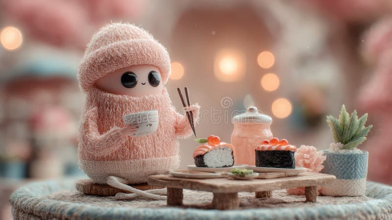 Clay doodle character eating sushi at a tiny table royalty free illustration