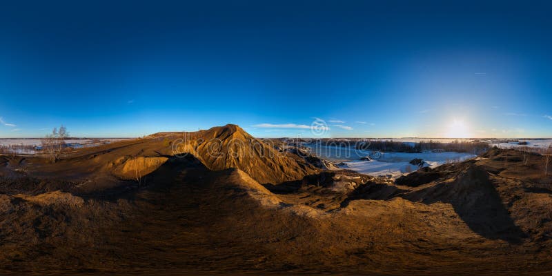 Clay hills quarry at sprig sunset spherical 360 degree panorama in equirectangular projection stock photos Clay hills quarry at sprig sunset spherical 360 degree panorama in equirectangular projection stock photos
