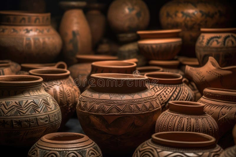 Clay Pots With Intricate Patterns And Designs. Generative AI royalty free illustration