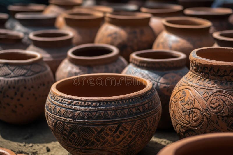 Clay Pots With Intricate Patterns And Designs. Generative AI stock illustration