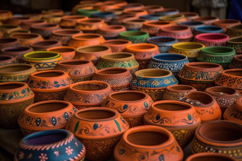 Clay Pots With Rangoli Patterns On Them. Generative AI royalty free illustration