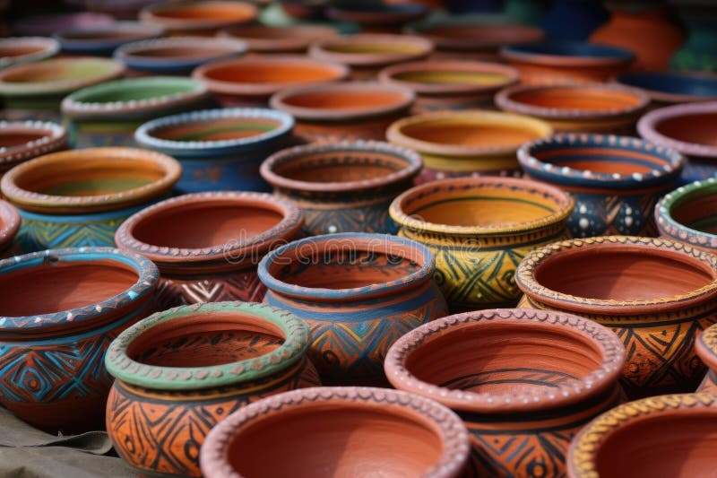 Clay Pots With Rangoli Patterns On Them. Generative AI