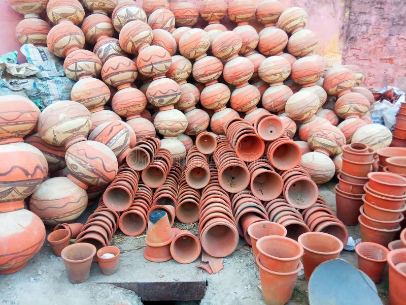 Clay Pottery is Displaying on Roadside in Jaip, Rajasthan, India Stock Photo Image of