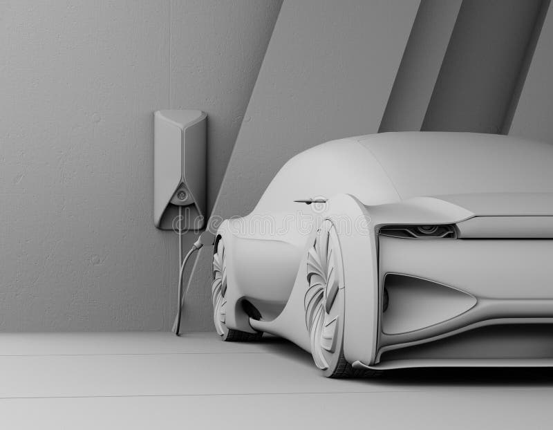 Clay Rendering of Electric Car Charging in Charging Station Stock
