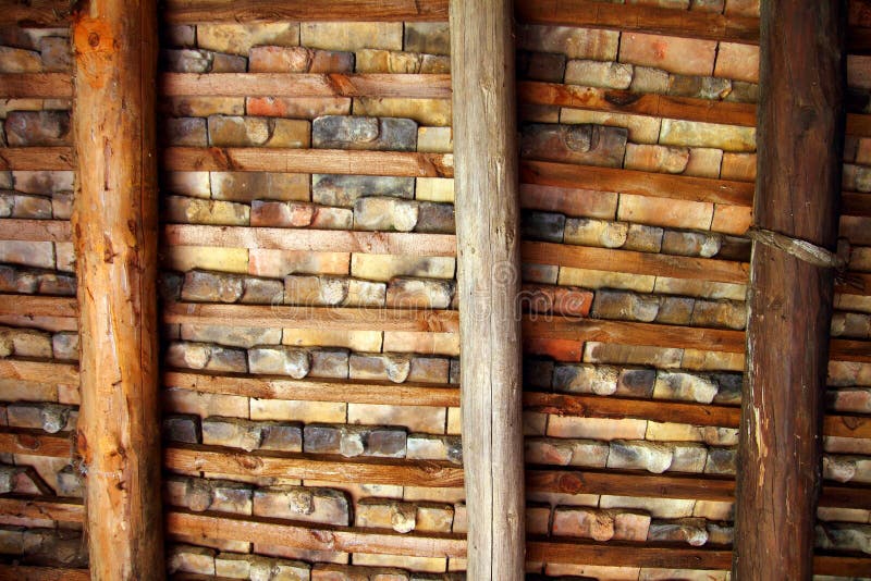 Clay square roof tiles ceiling indoor wooden beams