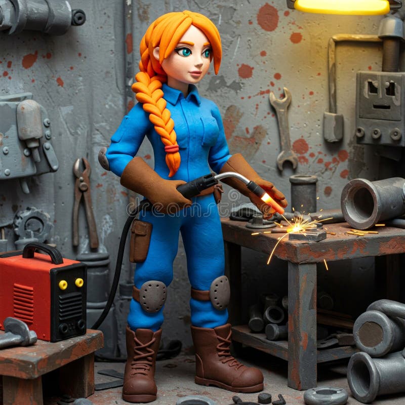 Claymation female welder working in workshop, sparks flying royalty free stock images