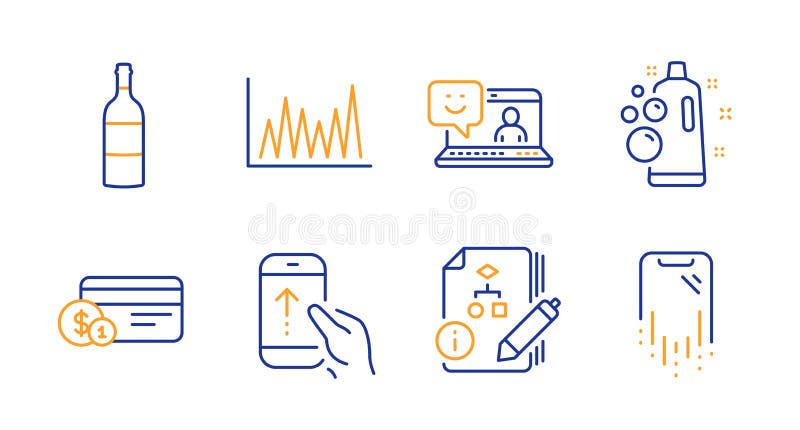 Clean bubbles, Wine bottle and Swipe up icons set. Payment method, Algorithm and Smile signs. Vector royalty free illustration
