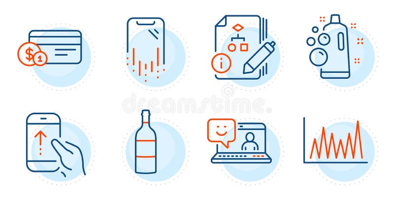 Clean bubbles, Wine bottle and Swipe up icons set. Payment method, Algorithm and Smile signs. Vector vector illustration