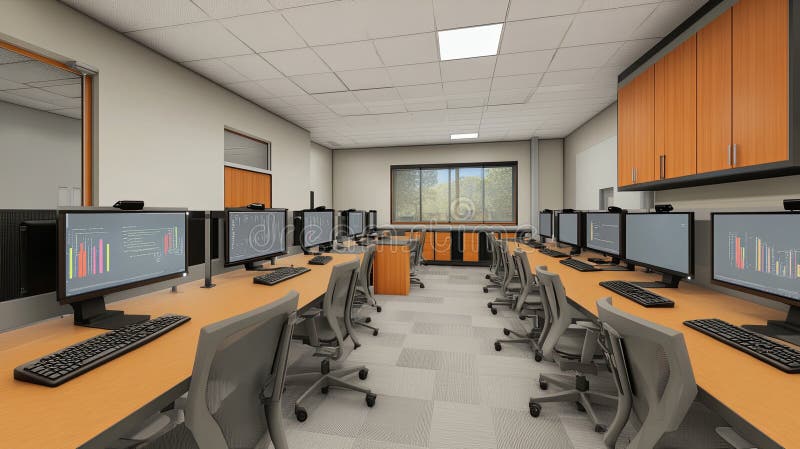 A clean computer lab with rows of monitors and ergonomic chairs stock illustration