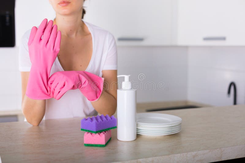 Clean Dishes in the Kitchen Stock Photo Image of hands, rubber 93779706