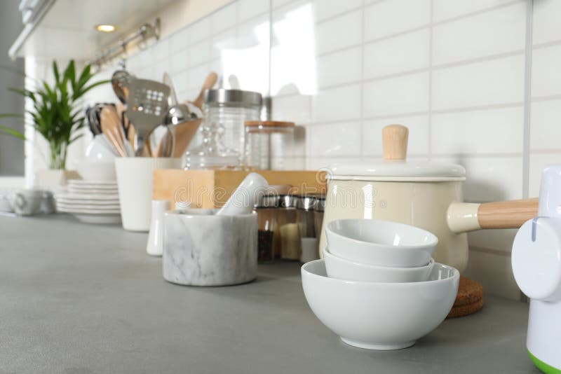 Clean Dishes and Utensils on Kitchen Stock Photo Image of furniture