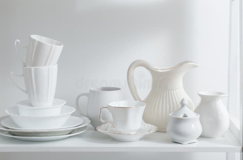 Clean Dishes and Vases on Wooden Shelf Stock Image Image of