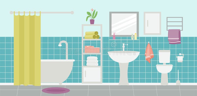 Clean Elegant Bathroom or Toilet Room Interior Flat Cartoon Vector
