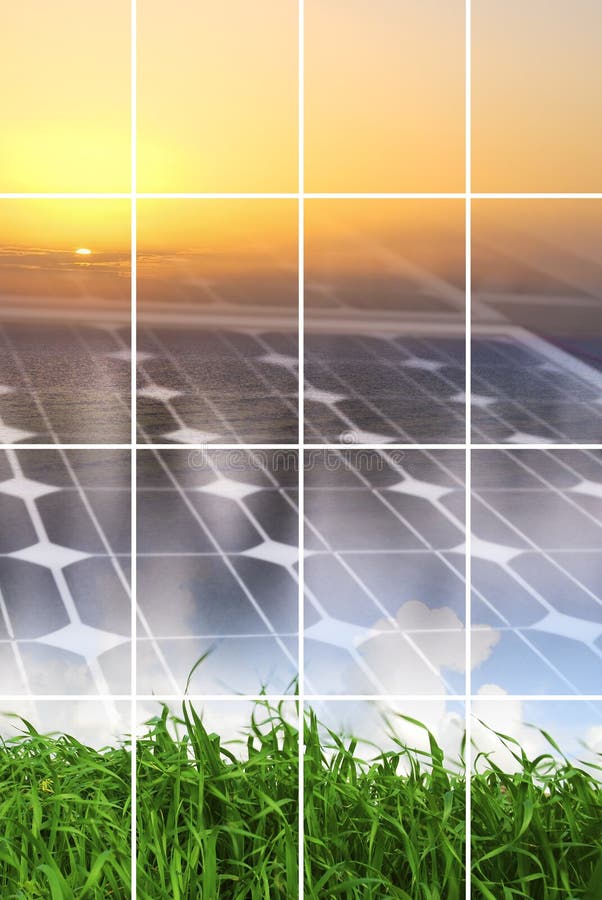 Čisté energetické koncepce se solárními panely, slunce a tráva.