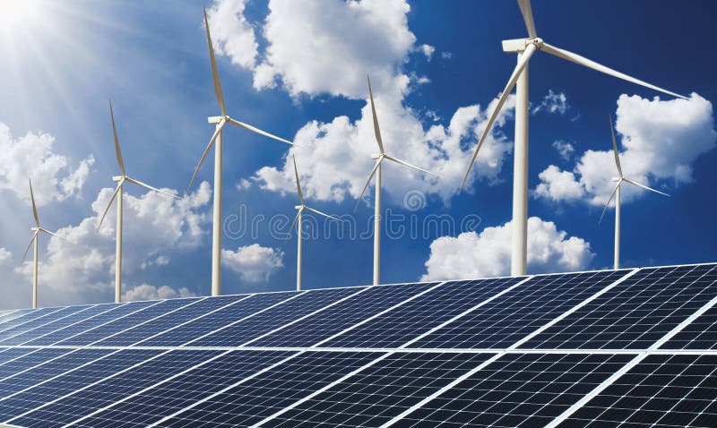 clean energy power concept solar panel with wind turbine and blue sky