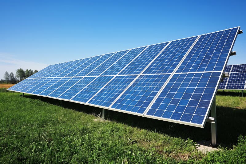 Solar panels in a green field under blue sky royalty free stock image