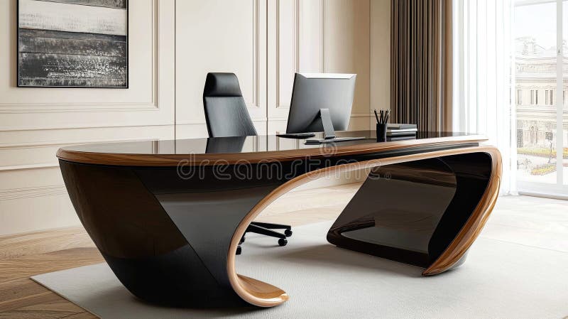 A clean ergonomic office desk styled in a sleek, modern workspace stock photography