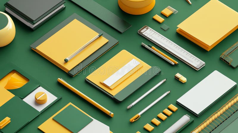 A clean flat lay of modern office supplies styled for ergonomic stock photo
