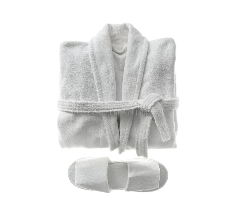 Clean Folded Bathrobe and Slippers Isolated on White Stock Photo
