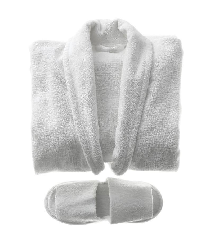 Clean Folded Bathrobe and Slippers Isolated on White Stock Photo