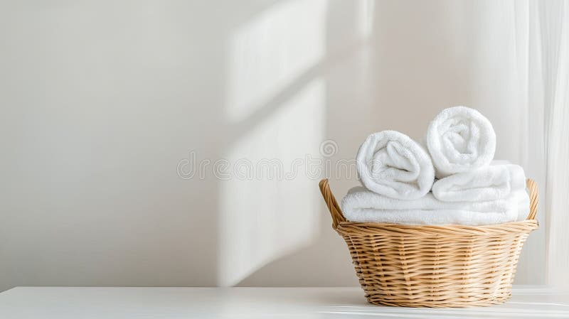 Clean, folded white towels are neatly arranged in a woven basket on an empty white table, illuminated by soft natural royalty free stock photography