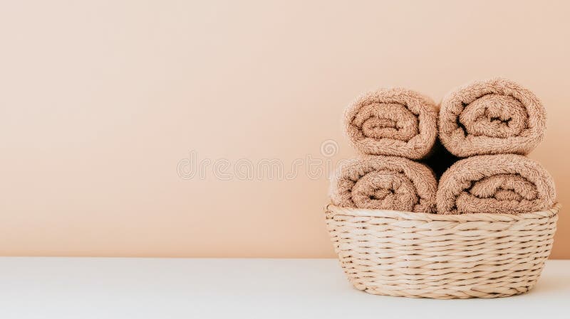 Clean, folded white towels are neatly arranged in a woven basket on an empty white table, illuminated by soft natural royalty free stock photography