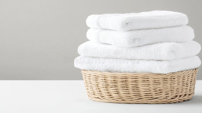 Clean, folded white towels are neatly arranged in a woven basket on an empty white table, illuminated by soft natural royalty free stock photo