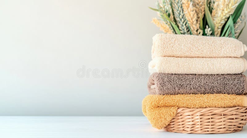 Clean, folded white towels are neatly arranged in a woven basket on an empty white table, illuminated by soft natural stock photography