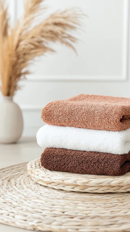 Clean, folded white towels are neatly arranged in a woven basket on an empty white table, illuminated by soft natural royalty free stock image
